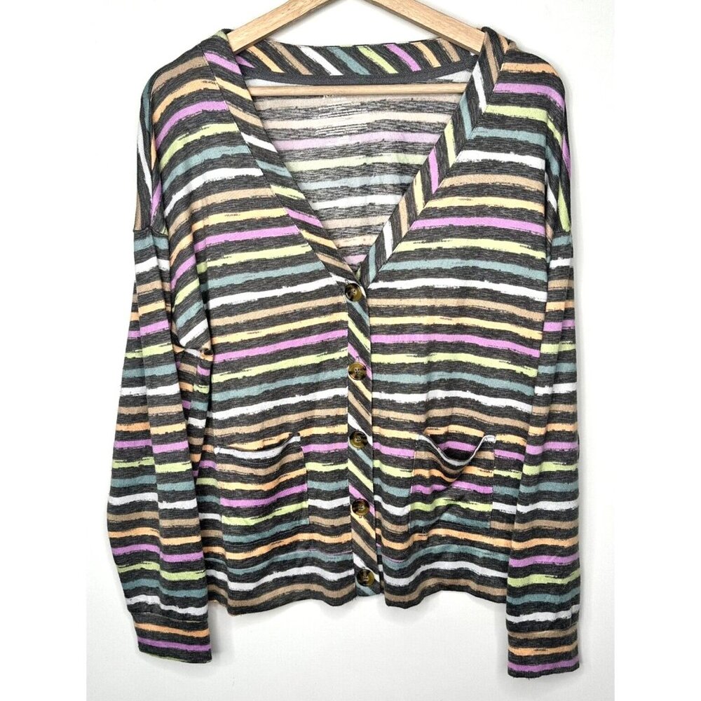 Joyspun Womens Cardigan Sweater Hacci Knit V Neck Stretch Rainbow Stripe Sz M